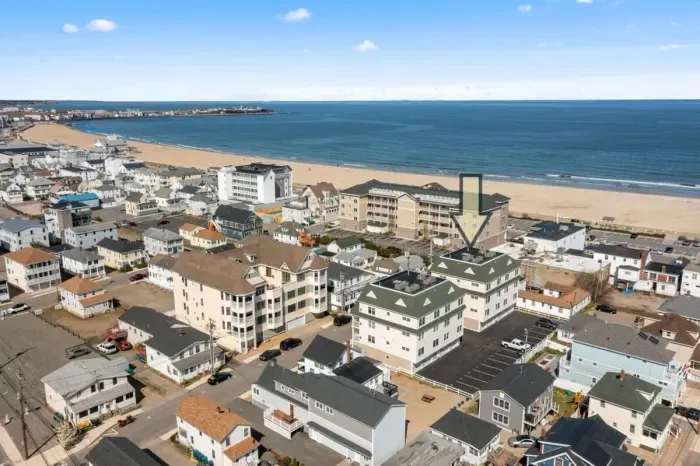 Aerial view of our condo, just steps to the beach, boardwalk and top attractions.