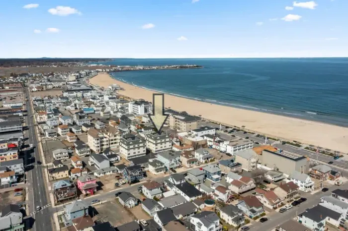 Aerial view of our condo, just steps to the beach, boardwalk and top attractions.
