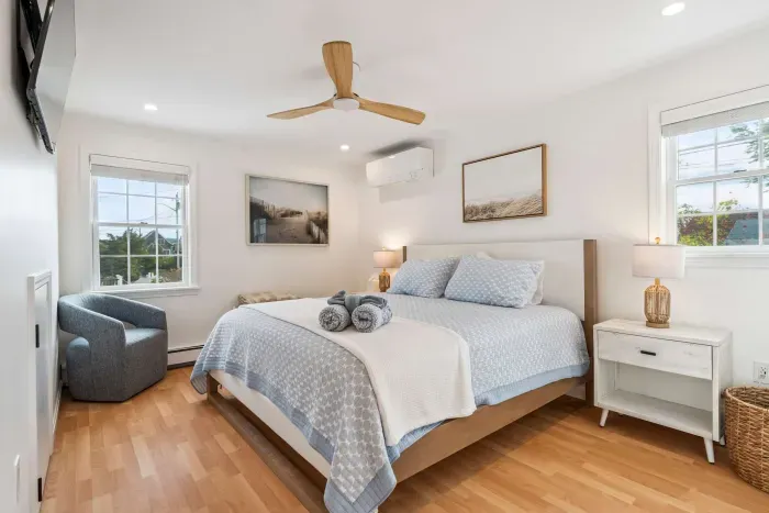 Master bedroom with king bed, smart tv, and mini split heating and cooling. Clean linens and towels provided.