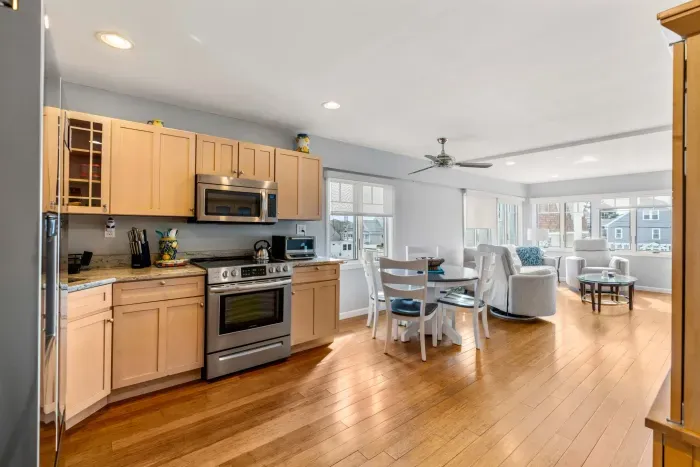 Open concept living area and kitchen. Fully equipped with all major appliances, including a dishwasher.