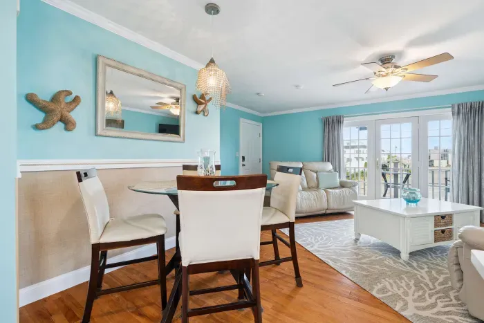 Open style living and dining area.