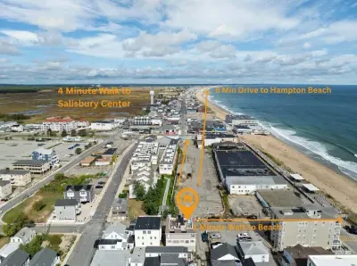 Aerial views of the property, 4 minute walk to the Salisbury Center, 1 minute to the beach, and 8 minute drive to Hampton Beach!