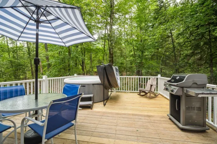 The deck! The hot tub is professionally maintained. There is seating for 4, and a Weber gas grill out here. 