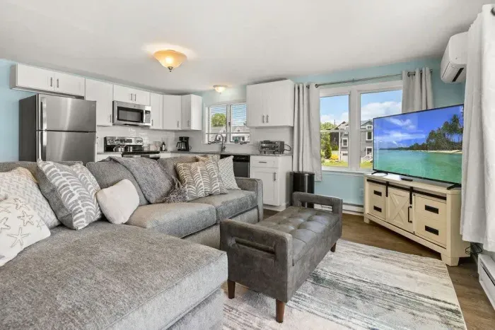 Living room with sleeper sofa, 50" smart TV, high-efficiency mini-split for AC/heat, and stunning views of the ocean.