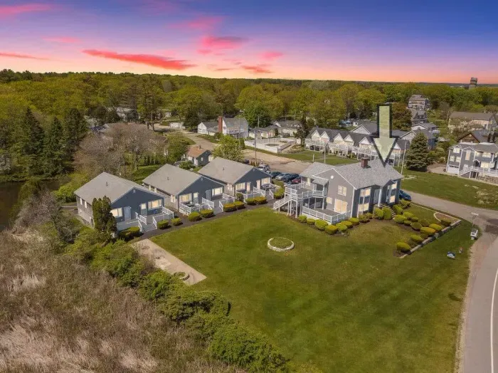 Aerial view of "Snug Harbor", across the street from the ocean, large lawn area to relax, sunbath and, and walking distance to Wallis Sands