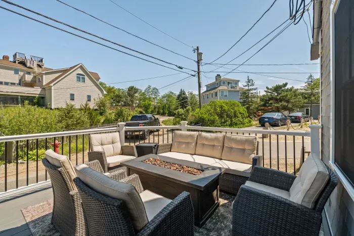 Lounge area on the deck with a gas fireplace!