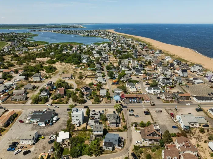 Aerial view of Beach Plum Cottage! This home is located just steps to the beach and in the heart of all the action on Plum Island!