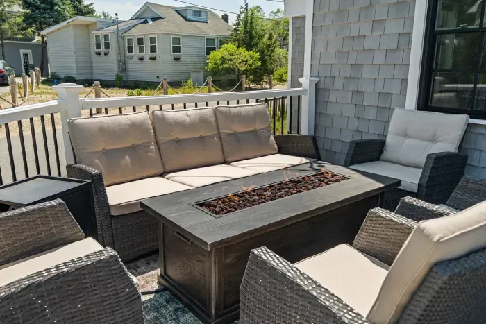 Lounge area on the deck with a gas fireplace!