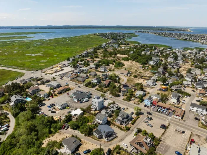 Aerial view of Beach Plum Cottage! This home is located just steps to the beach and in the heart of all the action on Plum Island!