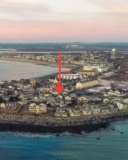 Aerial view of our home on "Boar's Head" in Hampton Beach. Just a short walk to the private beach to the north, and 1 mile to the Hampton Beach Boardwalk to the south.