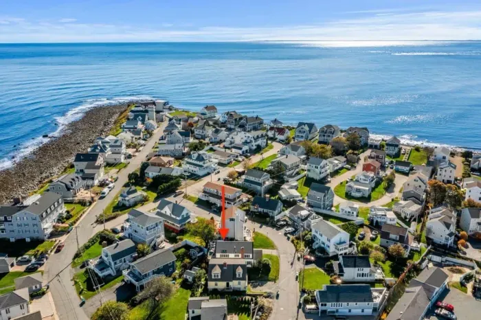 Aerial view of our home on "Boar's Head" in Hampton Beach. Just a half block to the private beach to the north, and 1 mile to the Hampton Beach Boardwalk to the south.