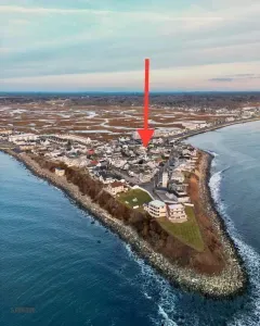 Aerial view of our home on "Boar's Head" in Hampton Beach. Just a half block to the private beach to the north, and 1 mile to the Hampton Beach Boardwalk to the south.