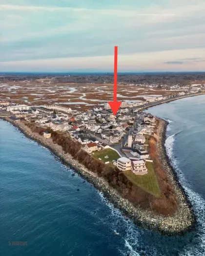 Aerial view of our home on "Boar's Head" in Hampton Beach. Just a half block to the private beach to the north, and 1 mile to the Hampton Beach Boardwalk to the south.