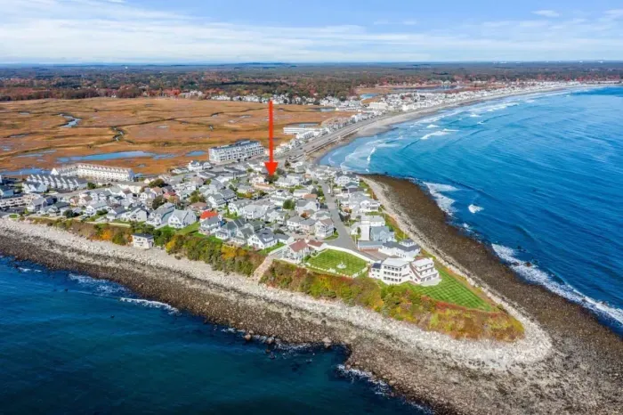 Aerial view of our home on "Boar's Head" in Hampton Beach. Just a half block to the private beach to the north, and 1 mile to the Hampton Beach Boardwalk to the south.