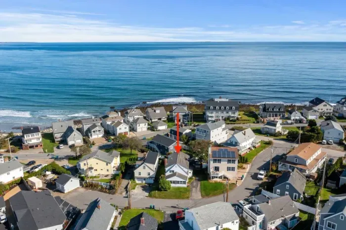 Aerial view of our home on "Boar's Head" in Hampton Beach. Just a half block to the private beach to the north, and 1 mile to the Hampton Beach Boardwalk to the south.