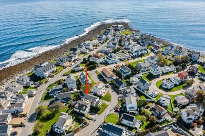 Aerial view of our home on "Boar's Head" in Hampton Beach. Just a half block to the private beach to the north, and 1 mile to the Hampton Beach Boardwalk to the south.