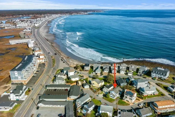 Aerial view of our home on "Boar's Head" in Hampton Beach. Just a half block to the private beach to the north, and 1 mile to the Hampton Beach Boardwalk to the south.