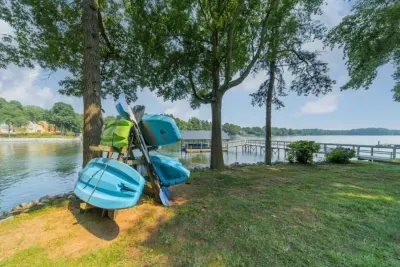 Kayaks and stand-up paddle boards ready for lake fun!  Life jackets are provided