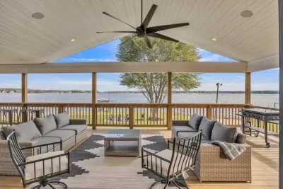 Relax on our huge upper deck overlooking the lake with Blackstone griddle and BBQ grill