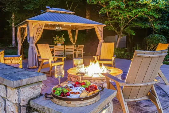 Outdoor patio area features the beautiful fire pit, perfect for long conversations under the stars.