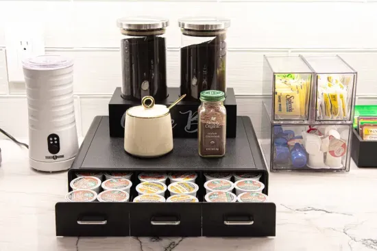 A full coffee bar is available to guests with filtered coffee, coffee pods, and a variety of sweeteners.