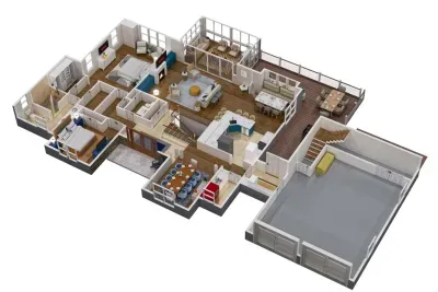 Detailed 3D floor plan of the main level of the home.  The entrance to the apartment is located in the garage.