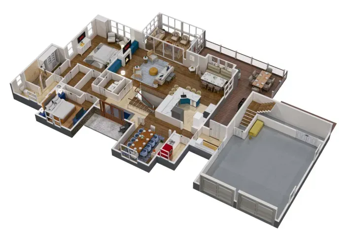 Detailed 3D floor plan of the main level of the home.  The entrance to the apartment is located in the garage.