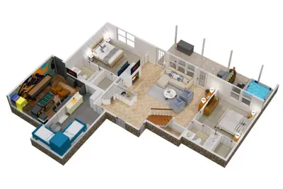 Detailed 3D floor plan of the lower level of the home.