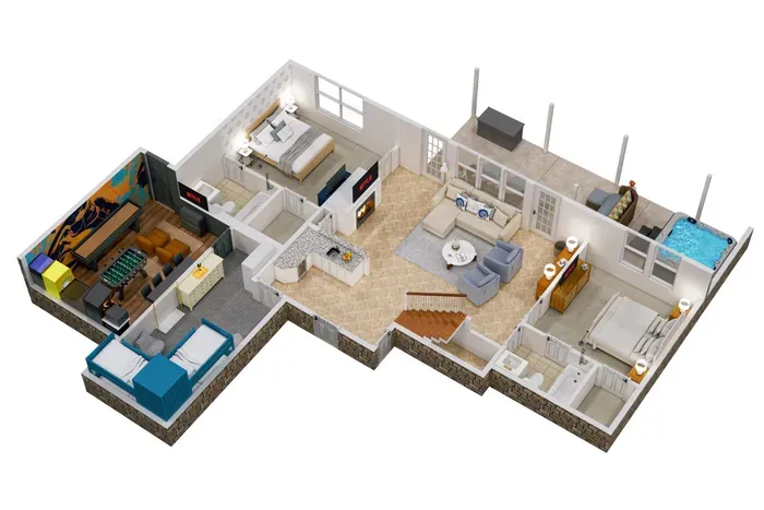Detailed 3D floor plan of the lower level of the home.