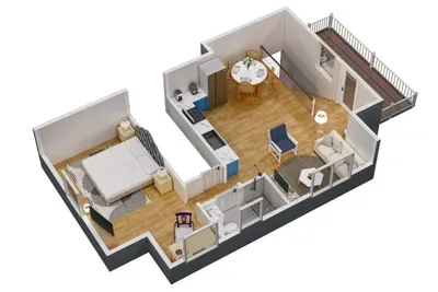 Detailed 3D floor plan of the apartment above the garage.