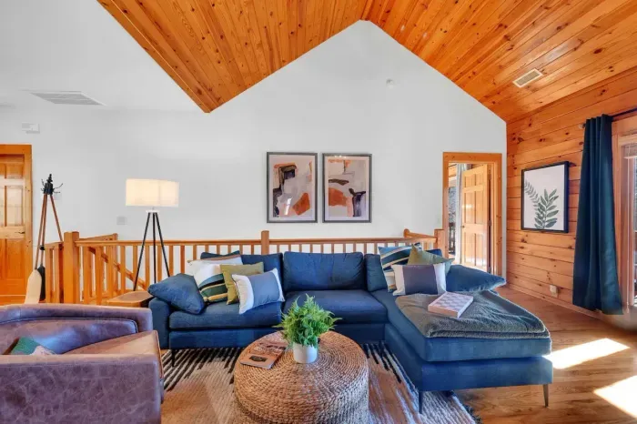Upstairs living room with sectional Article sofa.