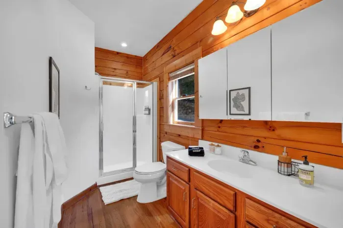 Upstairs 2nd bedroom bath with bare wood walls and soap, shampoo, conditioner and body wash.   Includes handrail for entering/exiting the shower.