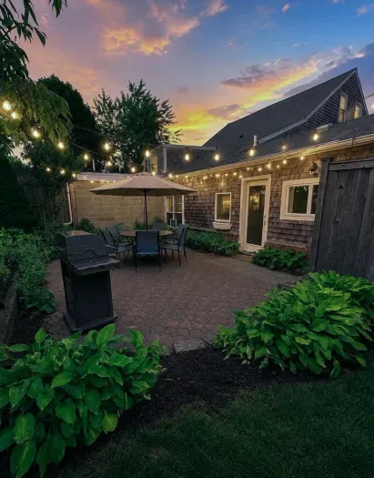 Charming private patio with string lights, grill, and sunset ambiance
