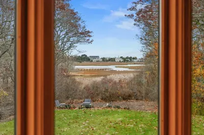 Peaceful marsh view framed by large windows and a private backyard retreat