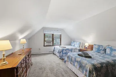Cozy loft-style bedroom with two beds, soft carpet, and bright natural light