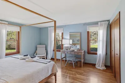 Sunny blue bedroom with canopy bed, workspace, and garden views