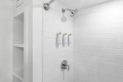 Bright modern walk-in shower with sleek tile and convenient built-in storage