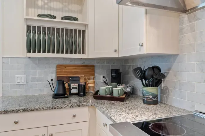 Start your mornings right with our delightful coffee bar. Choose between the quick convenience of a Keurig or savor a handcrafted pour-over using locally roasted beans.