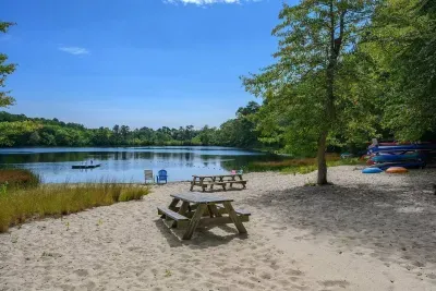 Escape to the shore. A peaceful picnic spot at Greenland Pond, where the forest meets the water.