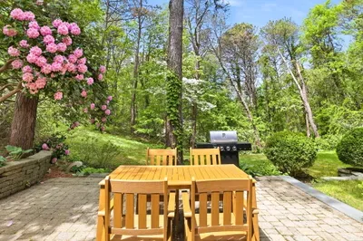 Private garden patio with dining set, grill, and beautiful wooded views