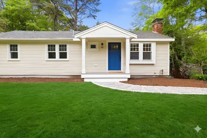 Charming cottage exterior with blue door and lush landscaped lawn