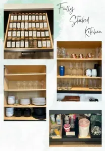 Our kitchen is fully stocked with a complete spice drawer, dinnerware, cups, wine glasses, coffee mugs, trash bags, cleaning products, etc.