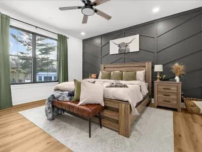 Relax and enjoy your favorite shows in the main King mattress bedroom with a spacious layout, designers touch, and attached full bathroom with soaking tub and walk in shower.
