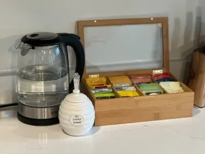 Upstairs tea area fully stocked for your convenience!