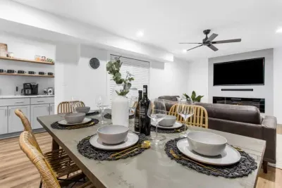 Enjoy a delicious meal in the basement dining area 