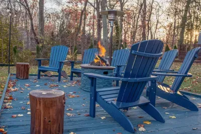 Enjoy stunning views from the fire pit area equipped with a propane fire!