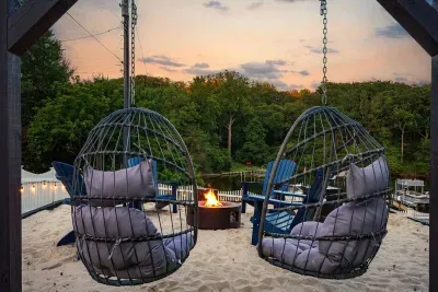 Enjoy stunning views from the fire pit area equipped with a propane fire!