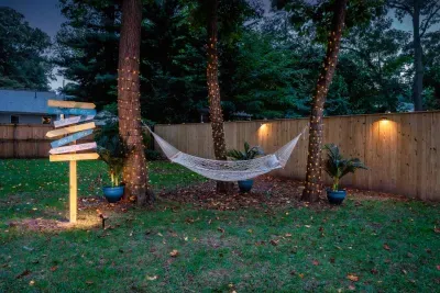 Hammock and destination sign area for a peaceful morning or moon lit reading session.