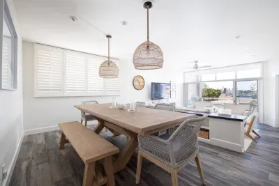 Dining room with table that can seat 7.