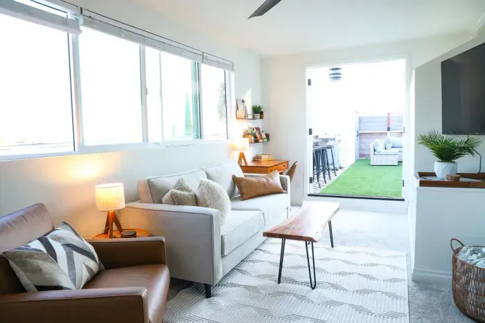 Mid Century Styled Living Room w/ 50" TV with Amazon Voice Controlled Fire TV